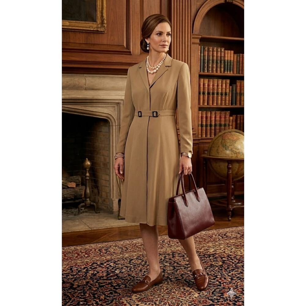 David Warren New York Vintage Tan Midi Coat Dress Belted Sophisticated 8P